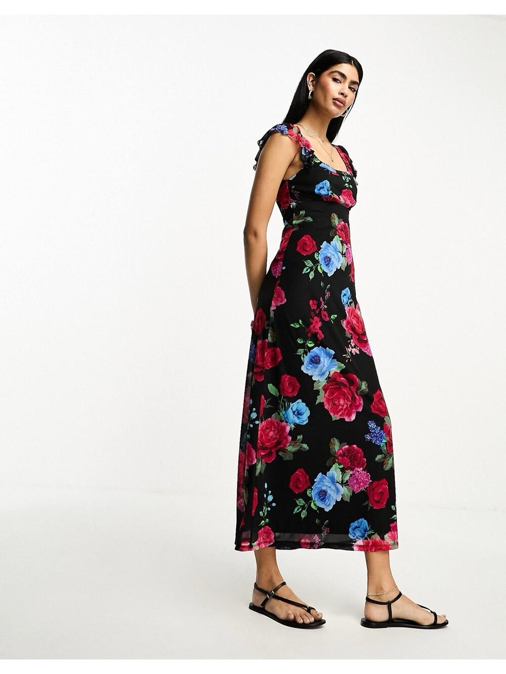 ASOS Design Flutter Sleeve Midi Dress Size 10 Dark Floral Y2K Romantic Feminine